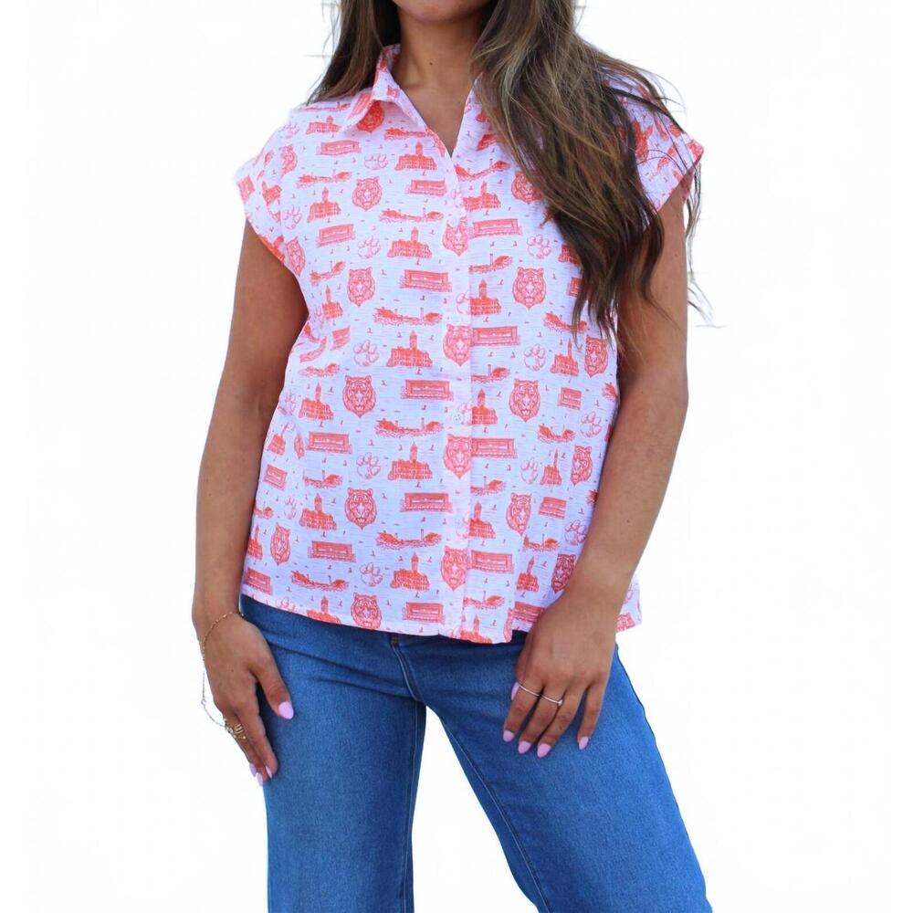 NEW STEWART SIMMONS team toile short sleeve button up top in white/orange
